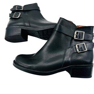 Black Leather Ankle Boots With Adjustable Buckle Straps & Side Zippers